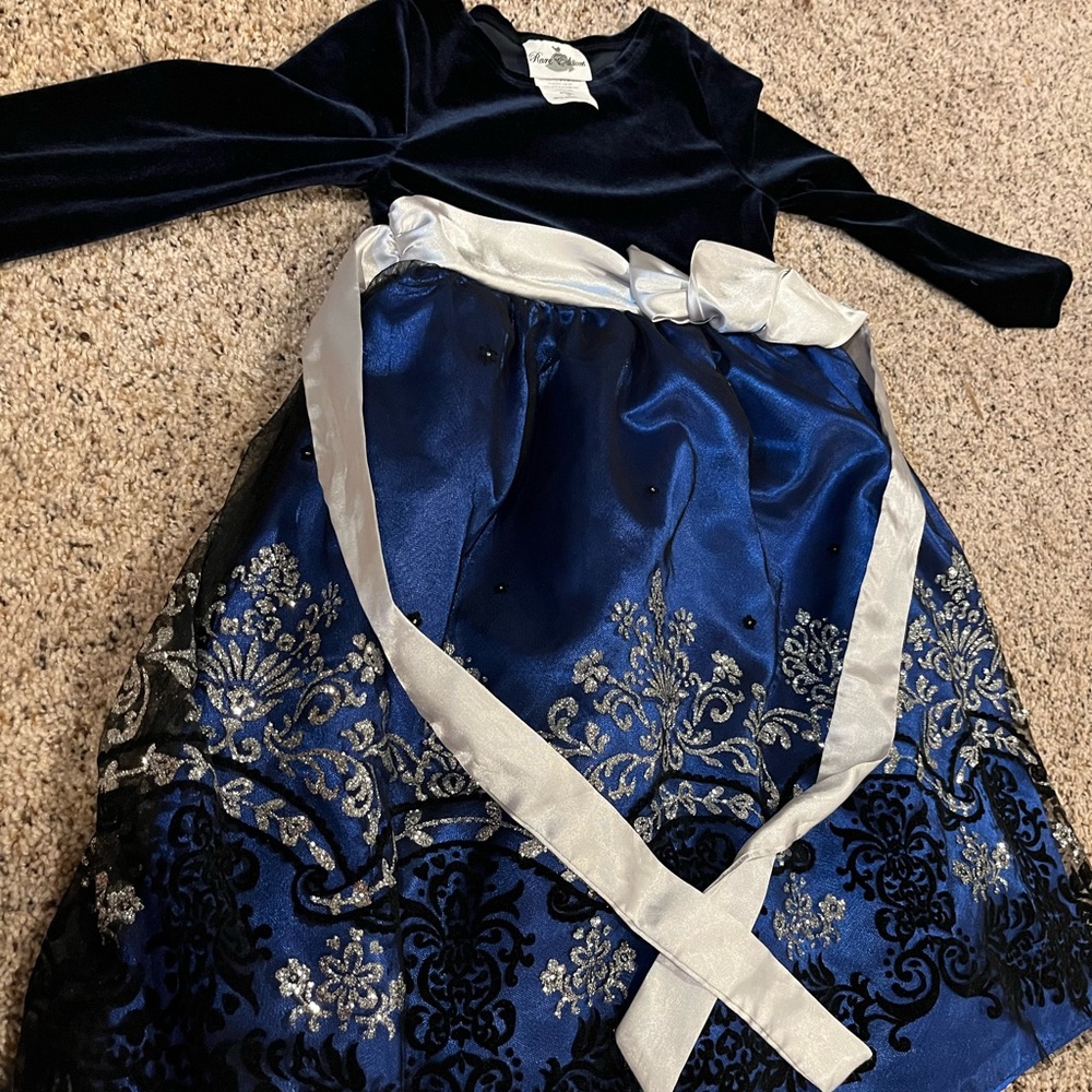 Elegant Blue and Black Velvet Dress with Silver Accents